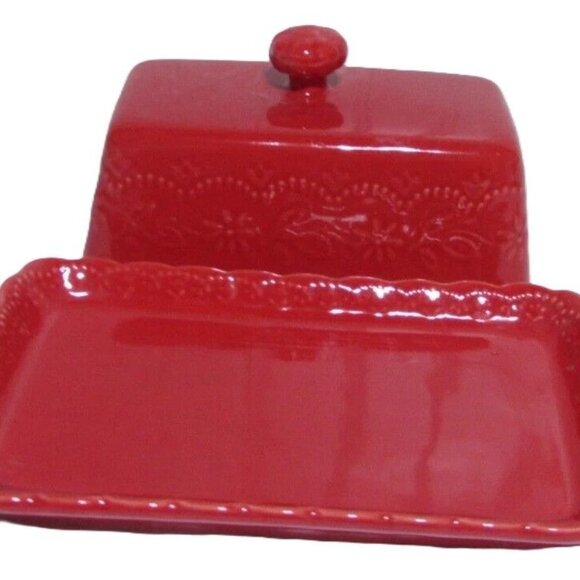 New Pioneer Woman Red Floral Embossed Stoneware Butter Dish With Lid Decor Funct - Picture 6 of 6